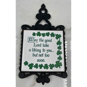 Vintage Papel Irish Blessing Trivet Wall Plaque Cast Iron Shamrock Tile 9x6